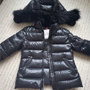 Moncler Shiny Black Down Jacket with Fur Hood
